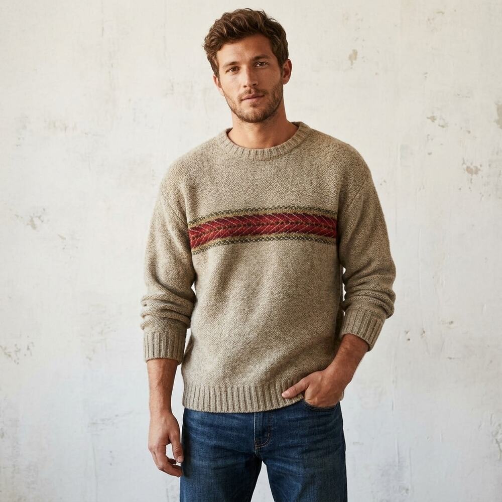 VTG American Eagle Lambswool Sweater Mens XL Beige Fair Isle Stripe Fisherman